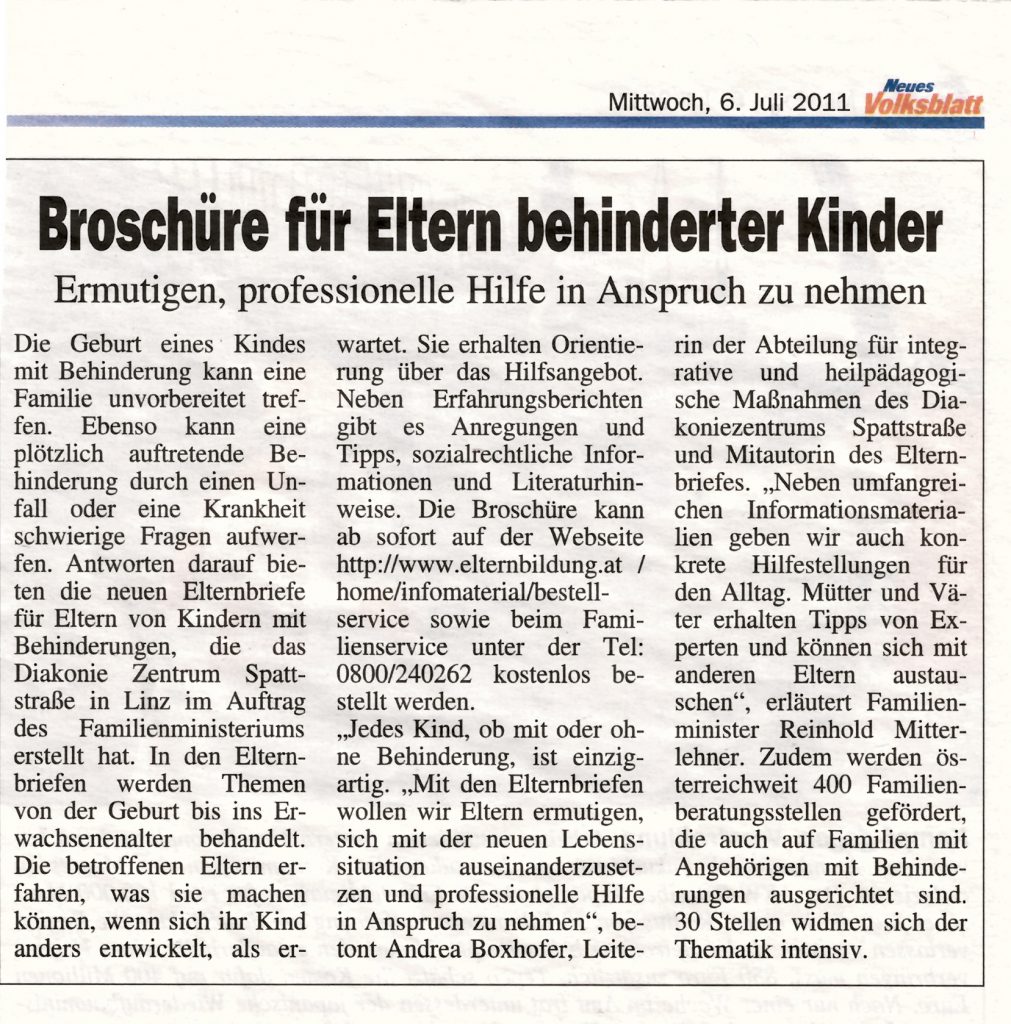 Ein Artikel im "Neuen Volksblatt" zu den Elternbriefen